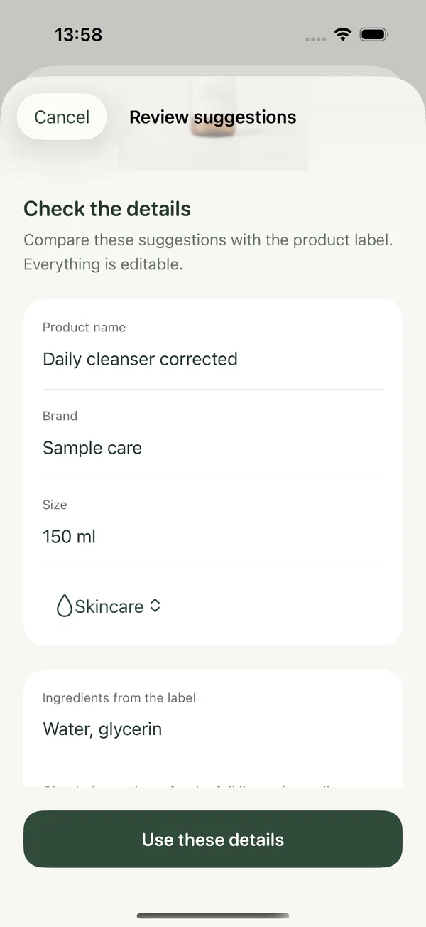Actual Uselyt development screen showing editable photo suggestions and a separate Use these details action