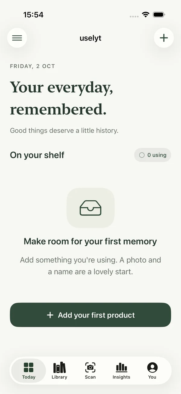 Uselyt Today screen inviting you to add your first product