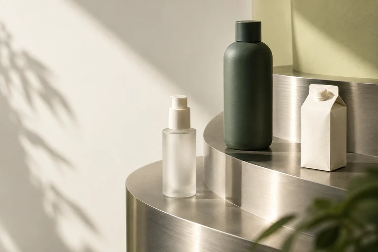 Everyday products on a sculptural silver shelf