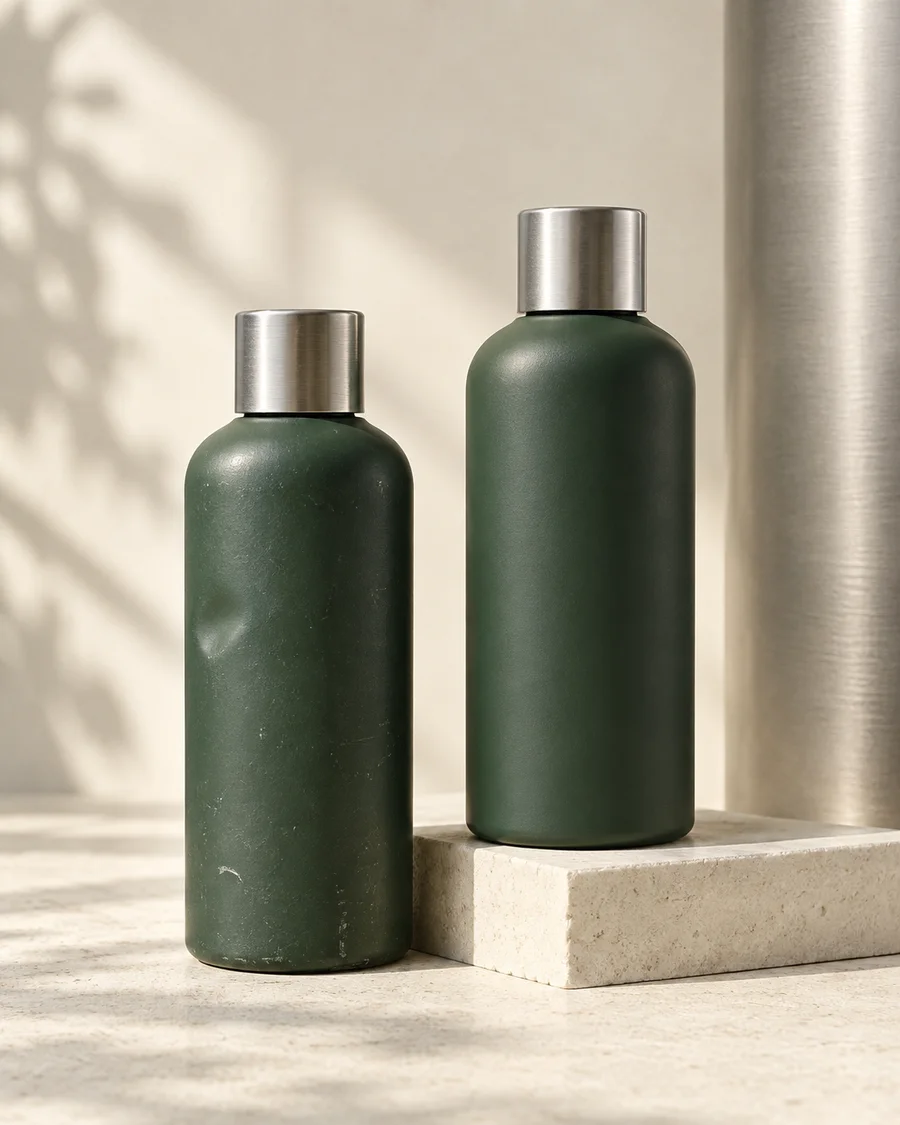 Two forest green bottles, one well used and one new, on an architectural ivory shelf